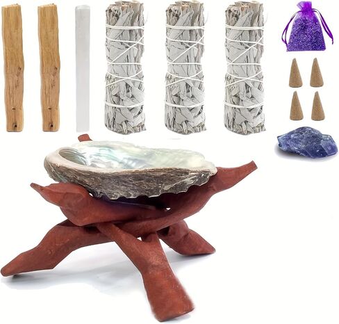 مجموعة تلطيخ المريمية البيضاء، مجموعة هدايا للتلطخ وتنظيف الطاقة مع الجمشت والمريمية البيضاء وبالو سانتو وقشرة أذن البحر والحامل واللافندر ~ بخور الأرز المريمية لتنظيف المنزل in Kuwait