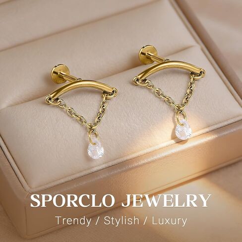 SPORCLO Hidden Helix Jewelry Flat Back Stud Earrings for Women Hypoallergenic Surgical Stainless Steel 16 Gauge Dangle Earring Internal Thread Earlobe Piercing Jewelry Gift 14K Gold Plated in Saudi Arabia