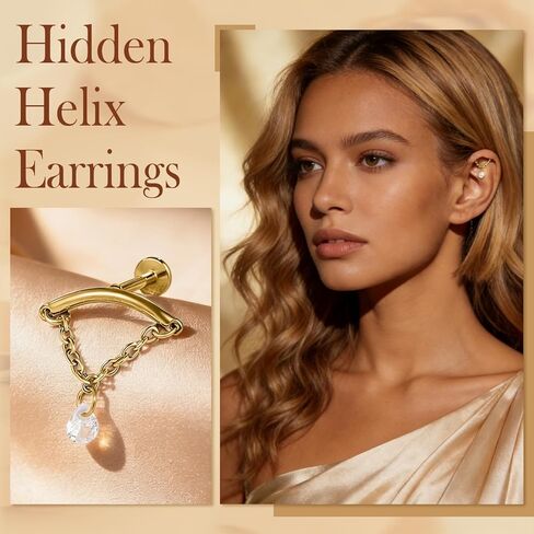 SPORCLO Hidden Helix Jewelry Flat Back Stud Earrings for Women Hypoallergenic Surgical Stainless Steel 16 Gauge Dangle Earring Internal Thread Earlobe Piercing Jewelry Gift 14K Gold Plated in Saudi Arabia