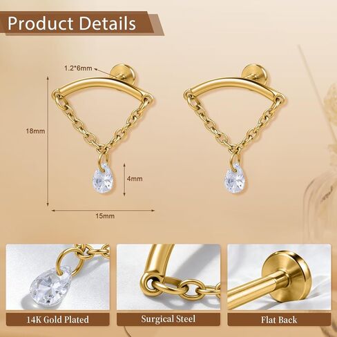 SPORCLO Hidden Helix Jewelry Flat Back Stud Earrings for Women Hypoallergenic Surgical Stainless Steel 16 Gauge Dangle Earring Internal Thread Earlobe Piercing Jewelry Gift 14K Gold Plated in Saudi Arabia