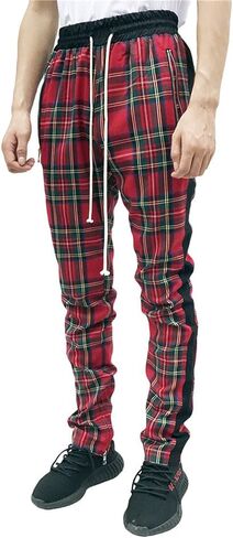 ebossy Men's Skinny Plaid Jogger Track Pant Ankle Zip Tapered Leg Drawstring Moto Pant in Saudi Arabia