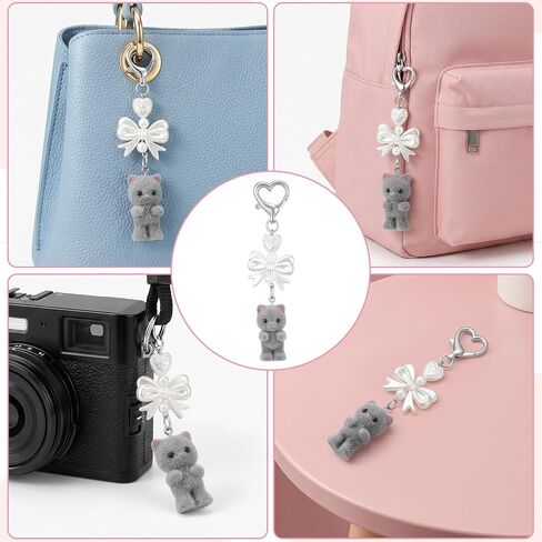 Cute Cat Keychain Plush Cat Bag Charm Fuzzy Aesthetic Keychain Y2k Heart Bow Pendent Kawaii Keychains for Backpack, Purse, Phone in Kuwait