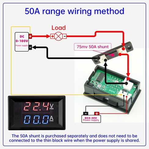 DC 4.5-100V Digital Volt Amp Voltmeter, 0-50A Digital Voltmeter,12V 24V 0.28" Dual LED Ammeter Multimeter Panel, Current Meter Volt Tester with 50A 75mV Shunt(Red&Blue) in Kuwait