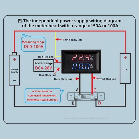 DC 4.5-100V Digital Volt Amp Voltmeter, 0-50A Digital Voltmeter,12V 24V 0.28" Dual LED Ammeter Multimeter Panel, Current Meter Volt Tester with 50A 75mV Shunt(Red&Blue) in Kuwait