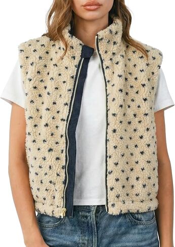 سترة صوف مترهلة للنساء بدون أكمام ورقبة عالية وسحاب كامل سترة شيربا منقطة صدرية غامضة مع جيوب in Kuwait