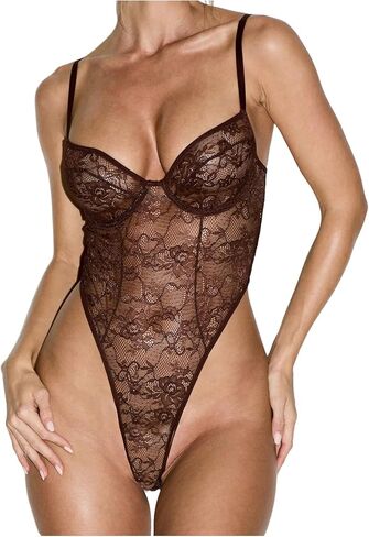 OYOANGLE Women's Floral Lace High Cut Bodysuit See Through Plunging Teddy Lingerie Rave Sheer Outfit in Saudi Arabia