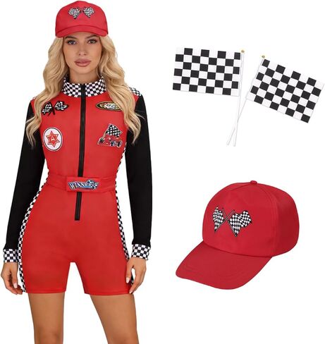 Race Car Driver Costume for Womens Racing Driver Jumpsuit Shorts Long Sleeve with Grid Flag Set Halloween Outfits in Kuwait