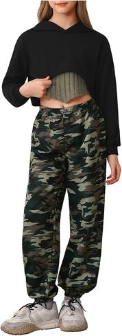 طقم ملابس للفتيات من MakeMeChic مكون من 3 قطع بأكمام طويلة وقلنسوة وبنطال رياضي بطبعة مموهة in Kuwait