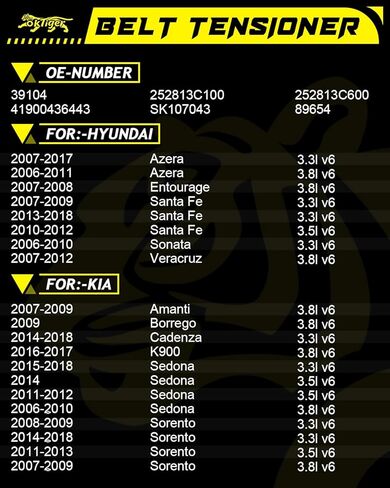 Oktiger Belt Tensioner Assembly with Pulley Fit for Hyundai Azera Santa Fe Entourage Veracruz,Fit for Kia Amanti Cadenza Sedona Sorento 2006-2018, OE# 41900436443, 252813C100,39104 in Kuwait