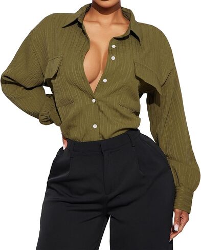 Womens Olive Taking It Easy Textured Top Button Down Shirt Long Sleeve Casual Blouse in Saudi Arabia
