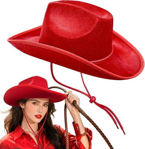 Red Felt Cowboy Hat,Western Cowgirl Hats with Wind Lanyard for Cosplay Classic Role Bride Costume Accessories Wedding Party Supplies Women Men Boys Girls in Kuwait