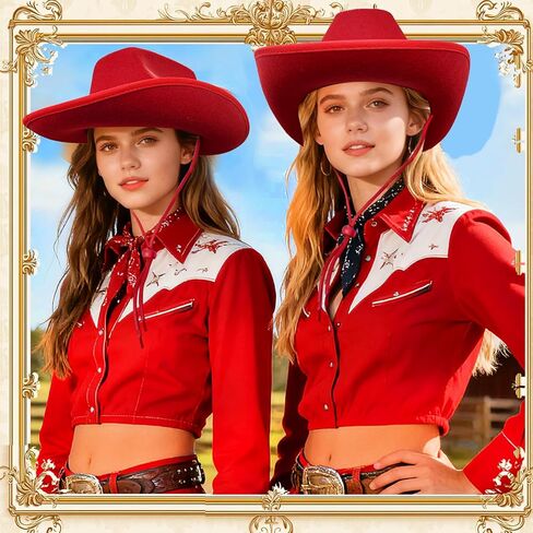 Red Felt Cowboy Hat,Western Cowgirl Hats with Wind Lanyard for Cosplay Classic Role Bride Costume Accessories Wedding Party Supplies Women Men Boys Girls in Kuwait