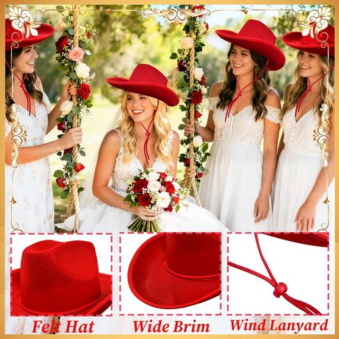Red Felt Cowboy Hat,Western Cowgirl Hats with Wind Lanyard for Cosplay Classic Role Bride Costume Accessories Wedding Party Supplies Women Men Boys Girls in Kuwait
