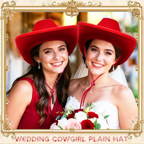 Red Felt Cowboy Hat,Western Cowgirl Hats with Wind Lanyard for Cosplay Classic Role Bride Costume Accessories Wedding Party Supplies Women Men Boys Girls in Kuwait