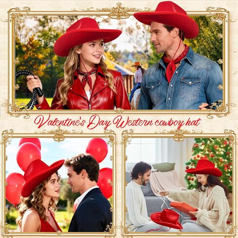 Red Felt Cowboy Hat,Western Cowgirl Hats with Wind Lanyard for Cosplay Classic Role Bride Costume Accessories Wedding Party Supplies Women Men Boys Girls in Kuwait