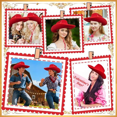 Red Felt Cowboy Hat,Western Cowgirl Hats with Wind Lanyard for Cosplay Classic Role Bride Costume Accessories Wedding Party Supplies Women Men Boys Girls in Kuwait