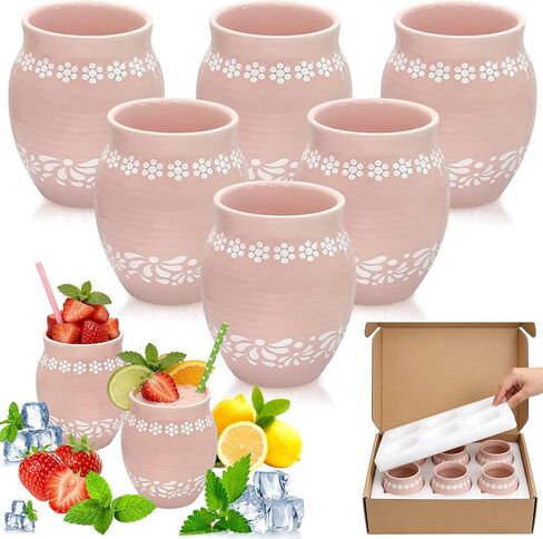Mexican Style Ceramic Small Vases, 6-Pack Pink Flower Pots with Hand-Painted Daisy & Leaf Patterns, 16oz Decorative Vases for Home Decor, Party Centerpieces, Succulents & Crafts in Kuwait