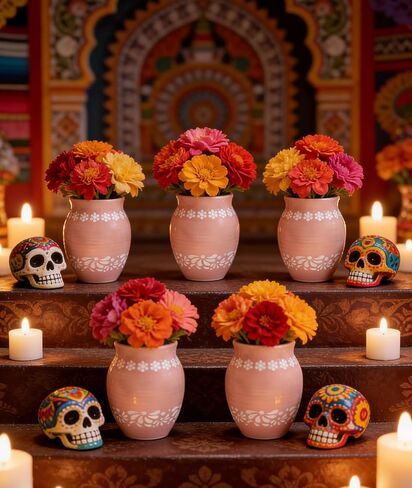 Mexican Style Ceramic Small Vases, 6-Pack Pink Flower Pots with Hand-Painted Daisy & Leaf Patterns, 16oz Decorative Vases for Home Decor, Party Centerpieces, Succulents & Crafts in Kuwait