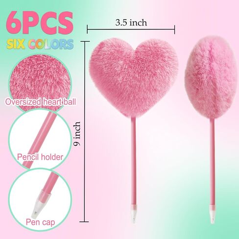 SBYURE Pom Pom Pen 6 Pack Heart Shape Fluffy Pen Fuzzy Pens for Girls Colorful Puffy Pens for Office and Party Supplies, 6 Colors in Saudi Arabia