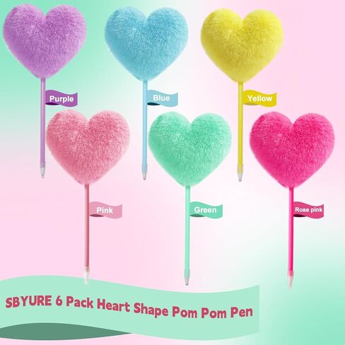 SBYURE Pom Pom Pen 6 Pack Heart Shape Fluffy Pen Fuzzy Pens for Girls Colorful Puffy Pens for Office and Party Supplies, 6 Colors in Saudi Arabia