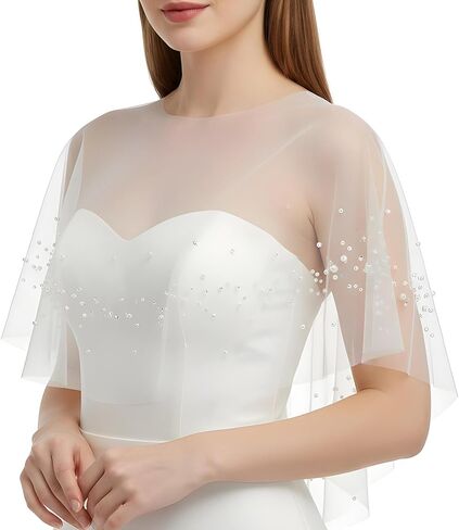 شال لؤلؤي للنساء، شالات زفاف من التول اللؤلؤي، غطاء فستان زفاف أنيق، مع اللؤلؤ وأحجار الراين للنساء والفتيات والحفلات الرسمية (أبيض) in Kuwait