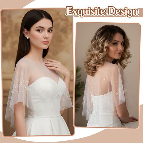 شال لؤلؤي للنساء، شالات زفاف من التول اللؤلؤي، غطاء فستان زفاف أنيق، مع اللؤلؤ وأحجار الراين للنساء والفتيات والحفلات الرسمية (أبيض) in Kuwait