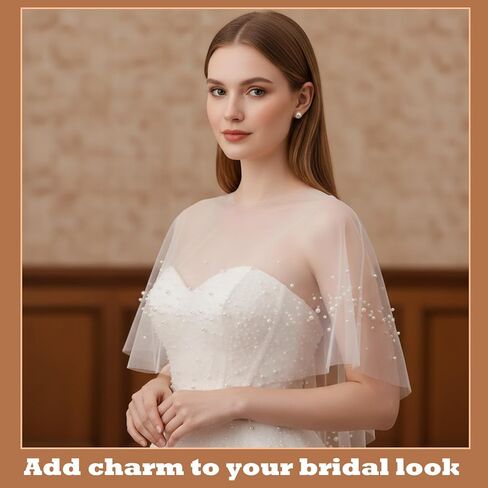 شال لؤلؤي للنساء، شالات زفاف من التول اللؤلؤي، غطاء فستان زفاف أنيق، مع اللؤلؤ وأحجار الراين للنساء والفتيات والحفلات الرسمية (أبيض) in Kuwait