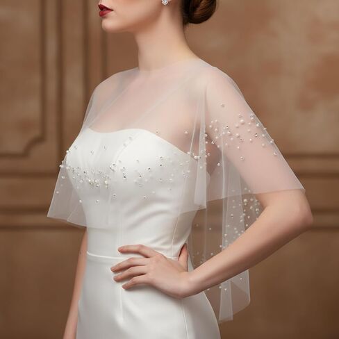 شال لؤلؤي للنساء، شالات زفاف من التول اللؤلؤي، غطاء فستان زفاف أنيق، مع اللؤلؤ وأحجار الراين للنساء والفتيات والحفلات الرسمية (أبيض) in Kuwait