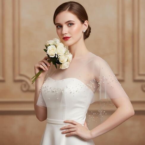 شال لؤلؤي للنساء، شالات زفاف من التول اللؤلؤي، غطاء فستان زفاف أنيق، مع اللؤلؤ وأحجار الراين للنساء والفتيات والحفلات الرسمية (أبيض) in Kuwait