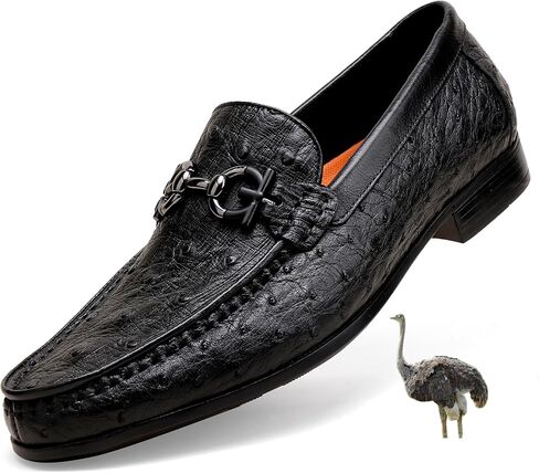 Black Casual Men's Genuine Leather Penny Loafers, Premium Ostrich Patterned Buckle Dress Loafer Shoes Slip on Wedding Party Loafer for Mens in Saudi Arabia