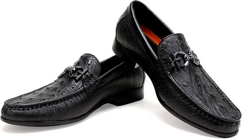 Black Casual Men's Genuine Leather Penny Loafers, Premium Ostrich Patterned Buckle Dress Loafer Shoes Slip on Wedding Party Loafer for Mens in Saudi Arabia