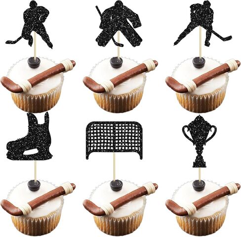 1Pc Hockey Happy Birthday Cake Topper Glitter Ice Hockey Player Sports Theme Cake Pick Decorations for Hockey Theme Baby Shower Boys Girls Birthday Party Supplies Black in Saudi Arabia
