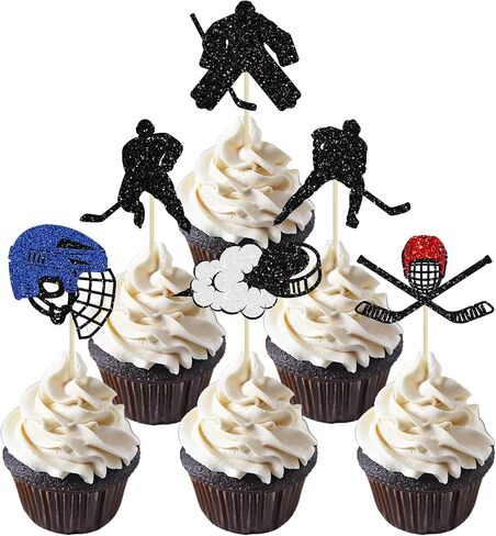 1Pc Hockey Happy Birthday Cake Topper Glitter Ice Hockey Player Sports Theme Cake Pick Decorations for Hockey Theme Baby Shower Boys Girls Birthday Party Supplies Black in Saudi Arabia