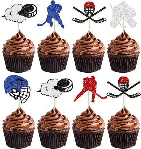 1Pc Hockey Happy Birthday Cake Topper Glitter Ice Hockey Player Sports Theme Cake Pick Decorations for Hockey Theme Baby Shower Boys Girls Birthday Party Supplies Black in Saudi Arabia