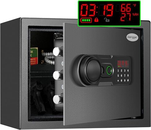 Biometric Fingerprint Safe with Quick Access & Smart LCD Monitor (Temp/Humidity/Battery). Electronic Keypad, Space-Saving Steel Security Box with Alarm, Removable Shelf & Gun Rack for Home/Office. in Kuwait