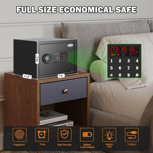 Biometric Fingerprint Safe with Quick Access & Smart LCD Monitor (Temp/Humidity/Battery). Electronic Keypad, Space-Saving Steel Security Box with Alarm, Removable Shelf & Gun Rack for Home/Office. in Kuwait