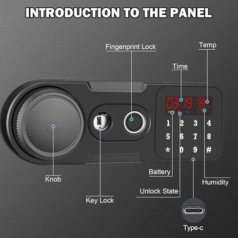 Biometric Fingerprint Safe with Quick Access & Smart LCD Monitor (Temp/Humidity/Battery). Electronic Keypad, Space-Saving Steel Security Box with Alarm, Removable Shelf & Gun Rack for Home/Office. in Kuwait