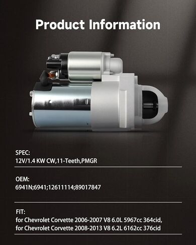 OCPTY Starter Fit For Chevrolet Corvette 2006-2007 V8 6.0L 5967cc 364cid, For Chevrolet Corvette 2008-2013 V8 6.2L 6162cc 376cid, For Chevrolet Corvette 2006-2013 V8 7.0L 7011cc 427cid Replace 6941 in Saudi Arabia