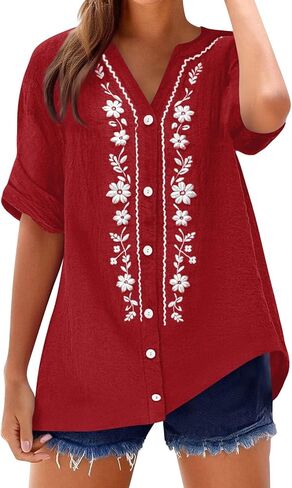 بلايز الصيف للنساء 2026 ريترو مطرزة الخامس الرقبة قصيرة الأكمام قمصان الصيف الكتان البلوزات ملابس عطلة الشاطئ in Kuwait