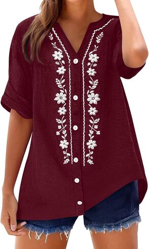 Summer Tops for Women 2026 Retro Embroidered V Neck Short Sleeve Shirts Summer Linen Blouses Beach Vacation Clothes in Saudi Arabia