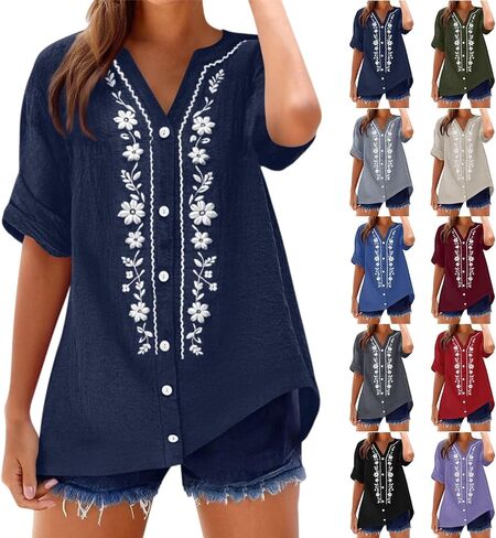 Summer Tops for Women 2026 Retro Embroidered V Neck Short Sleeve Shirts Summer Linen Blouses Beach Vacation Clothes in Saudi Arabia