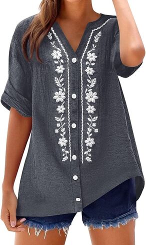 Summer Tops for Women 2026 Retro Embroidered V Neck Short Sleeve Shirts Summer Linen Blouses Beach Vacation Clothes in Saudi Arabia