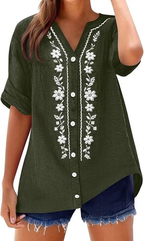 Summer Tops for Women 2026 Retro Embroidered V Neck Short Sleeve Shirts Summer Linen Blouses Beach Vacation Clothes in Saudi Arabia