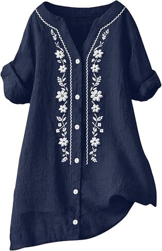 Summer Tops for Women 2026 Retro Embroidered V Neck Short Sleeve Shirts Summer Linen Blouses Beach Vacation Clothes in Saudi Arabia