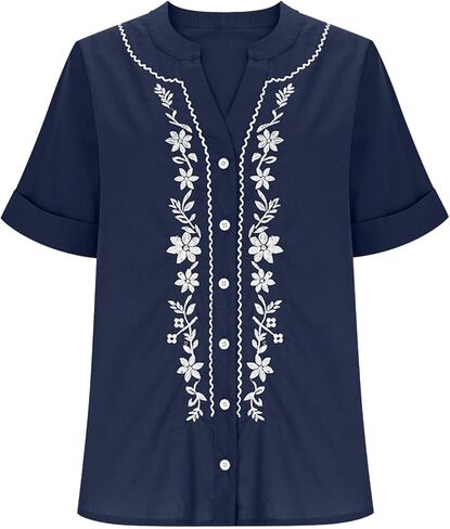 Summer Tops for Women 2026 Retro Embroidered V Neck Short Sleeve Shirts Summer Linen Blouses Beach Vacation Clothes in Saudi Arabia