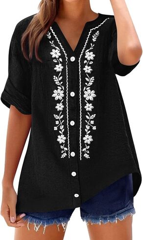 Summer Tops for Women 2026 Retro Embroidered V Neck Short Sleeve Shirts Summer Linen Blouses Beach Vacation Clothes in Saudi Arabia