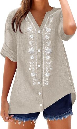 Summer Tops for Women 2026 Retro Embroidered V Neck Short Sleeve Shirts Summer Linen Blouses Beach Vacation Clothes in Saudi Arabia