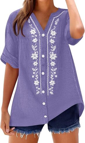 Summer Tops for Women 2026 Retro Embroidered V Neck Short Sleeve Shirts Summer Linen Blouses Beach Vacation Clothes in Saudi Arabia