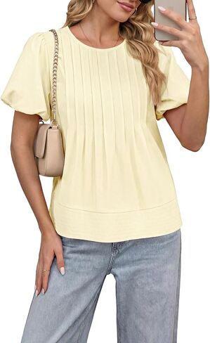 Funlingo Womens Summer Babydoll Tops Short Puff Sleeve Blouses Casual Loose Fit Flowy Crew Neck Pleated Shirts Fashion Clothing Beige L in Kuwait