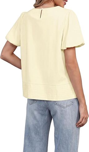 Funlingo Womens Summer Babydoll Tops Short Puff Sleeve Blouses Casual Loose Fit Flowy Crew Neck Pleated Shirts Fashion Clothing Beige L in Kuwait